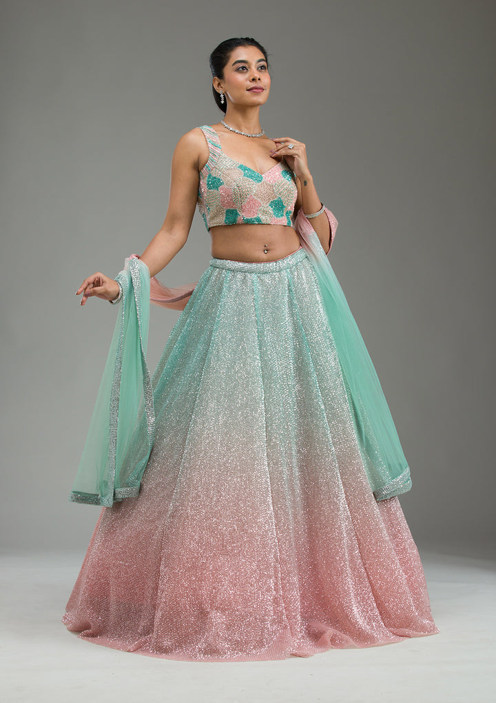 Sea Green Cutdana Imported Fabric Readymade Lehenga