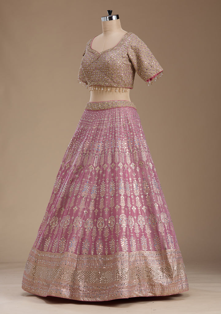Baby Pink Mirrorwork Banarasi Readymade Lehenga