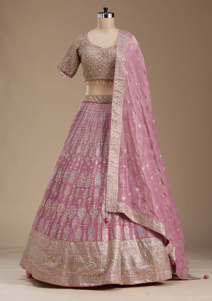 Baby Pink Mirrorwork Banarasi Readymade Lehenga