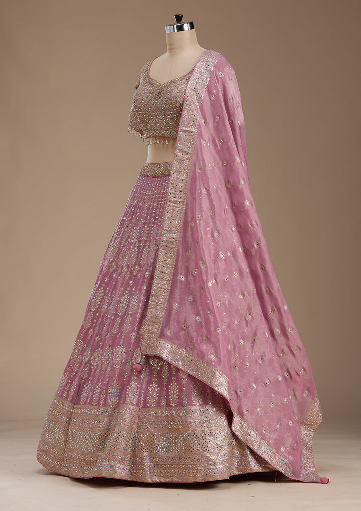 Baby Pink Mirrorwork Banarasi Readymade Lehenga