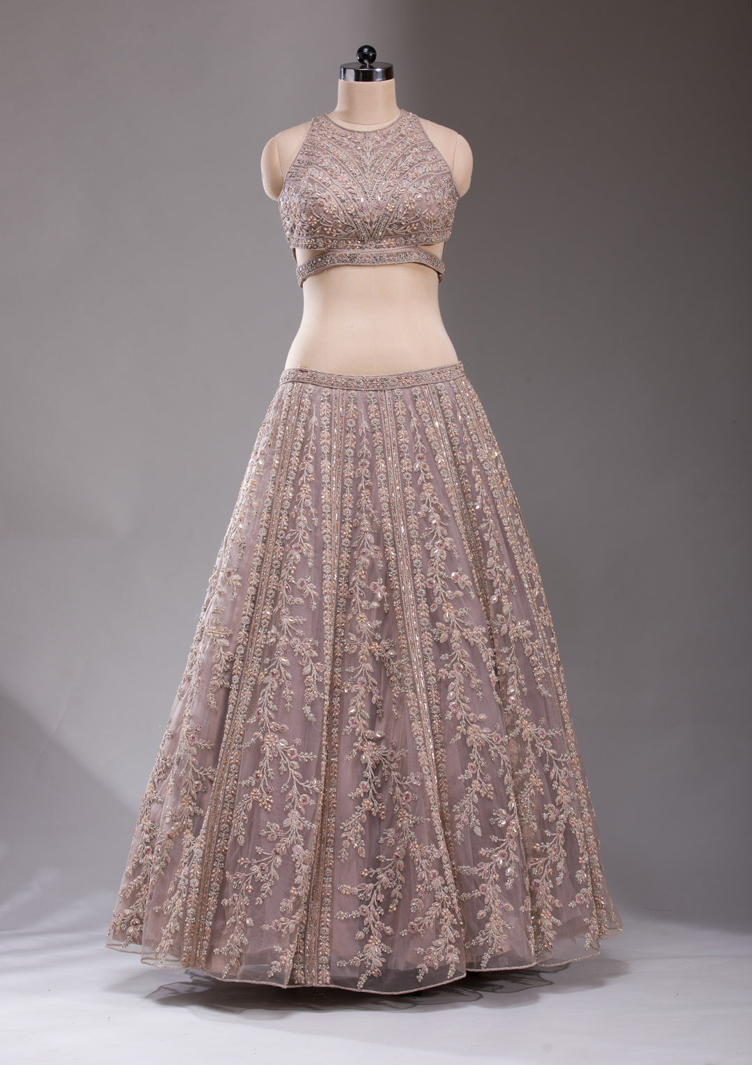 Beige Cutdana Net Readymade Lehenga