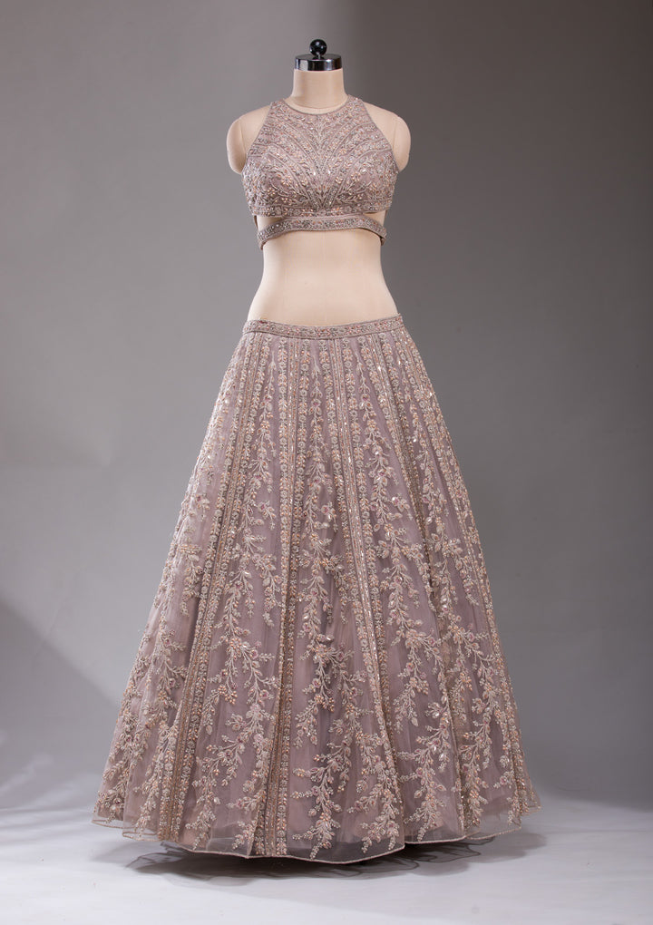 Beige Cutdana Net Readymade Lehenga