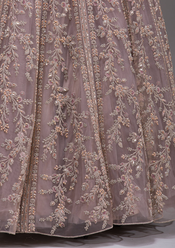 Beige Cutdana Net Readymade Lehenga