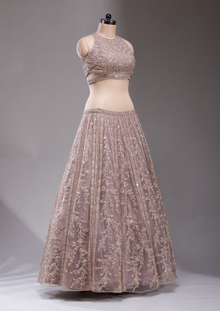 Beige Cutdana Net Readymade Lehenga