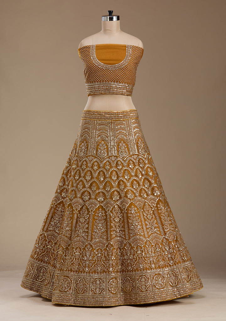 Mustard Zariwork Net Semi-Stitched Lehenga