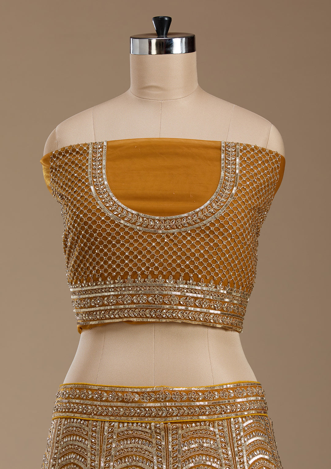 Mustard Zariwork Net Semi-Stitched Lehenga