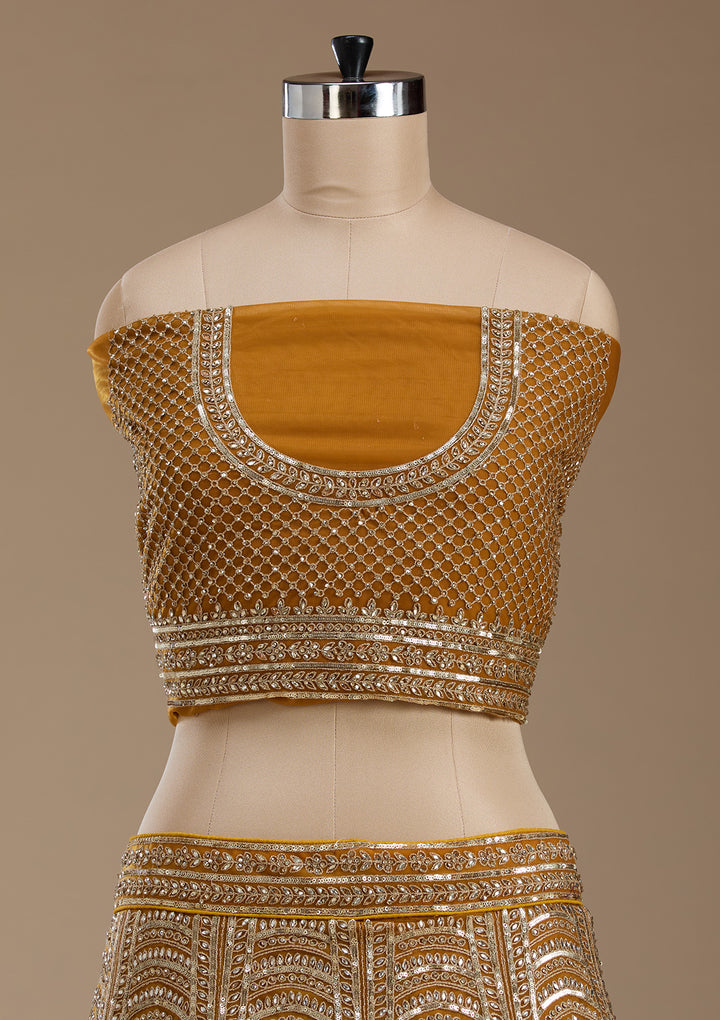 Mustard Zariwork Net Semi-Stitched Lehenga