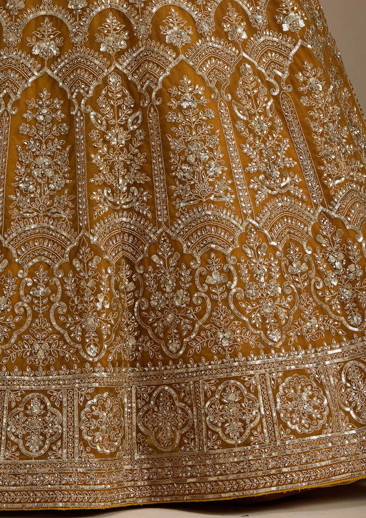 Mustard Zariwork Net Semi-Stitched Lehenga