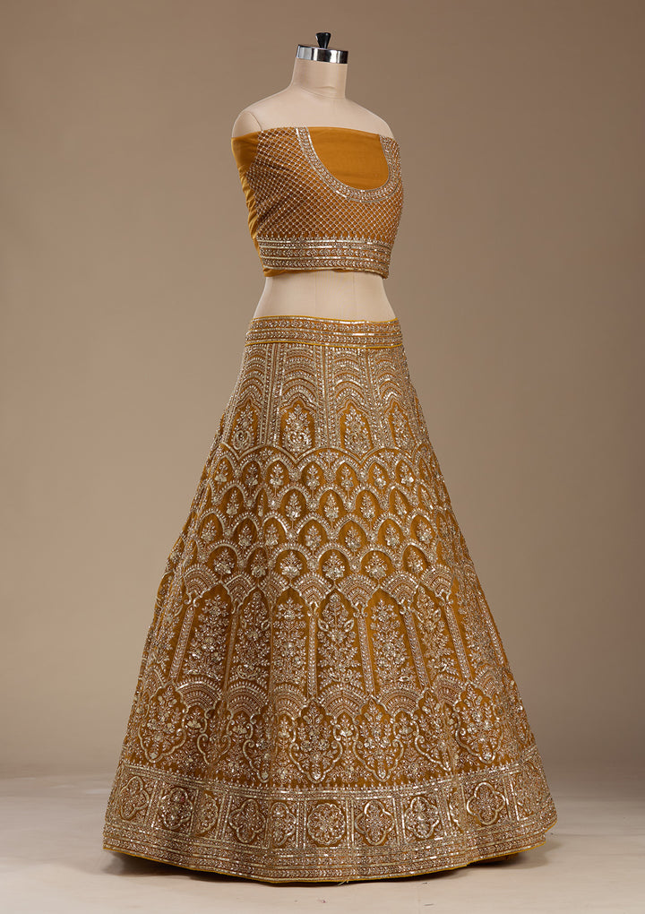 Mustard Zariwork Net Semi-Stitched Lehenga