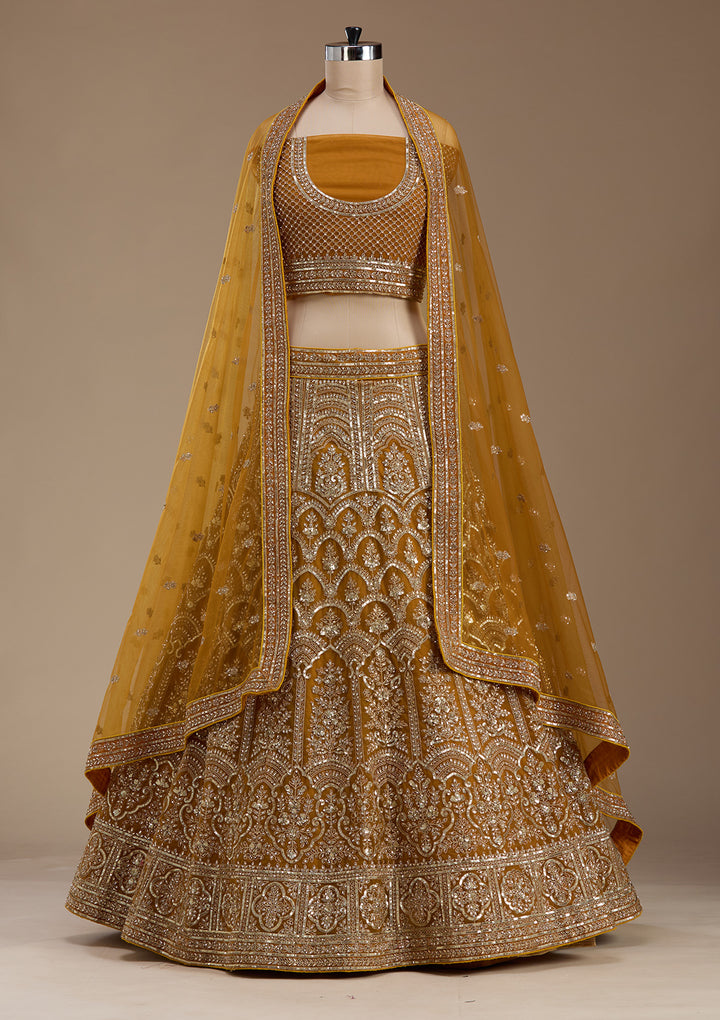 Mustard Zariwork Net Semi-Stitched Lehenga