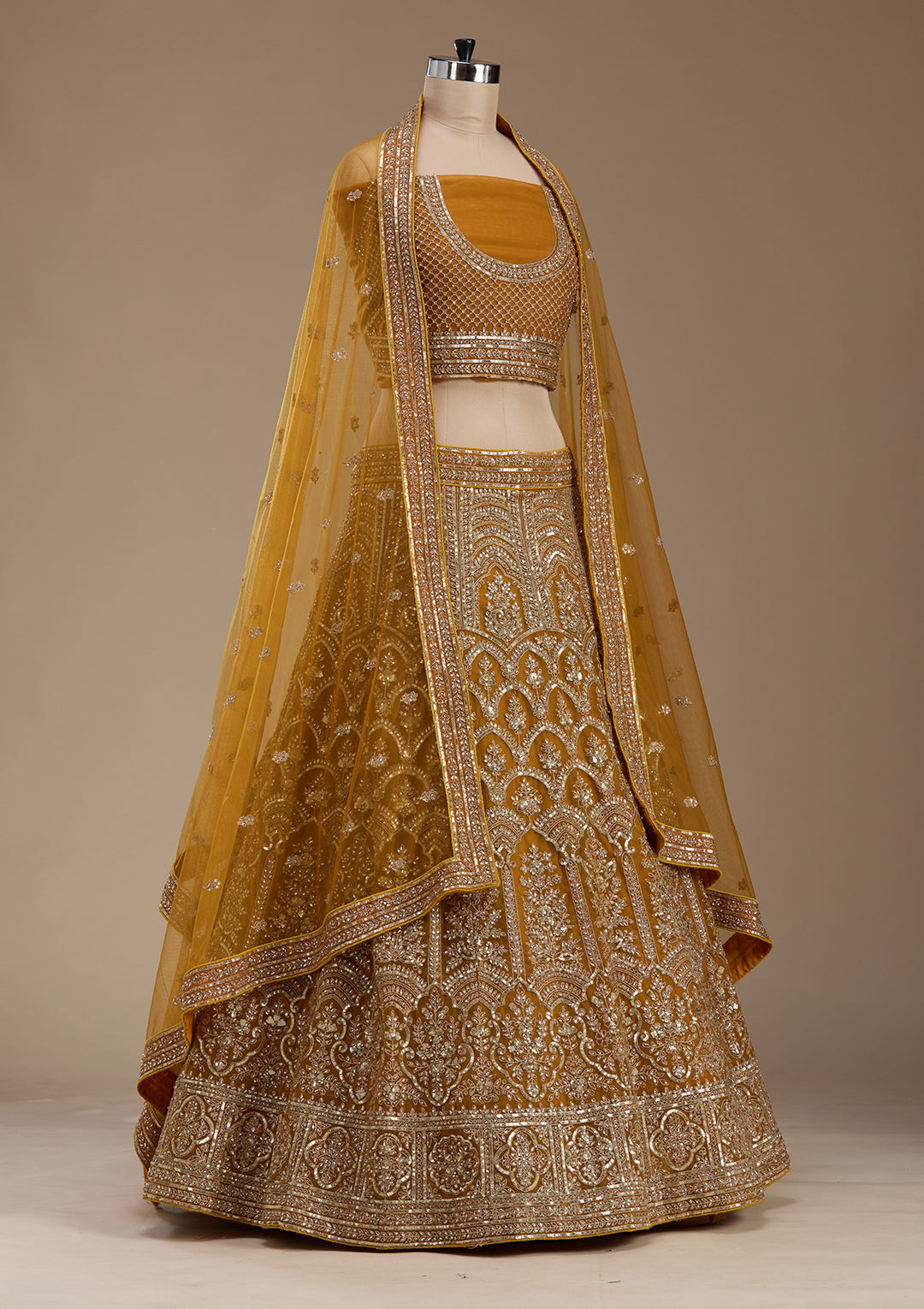 Mustard Zariwork Net Semi-Stitched Lehenga