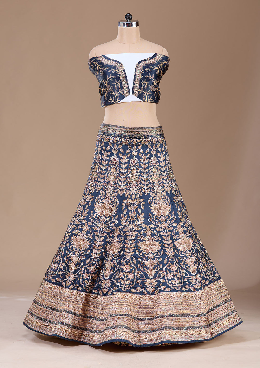 Navy Blue Swarovski Raw Silk Semi-Stitched Lehenga