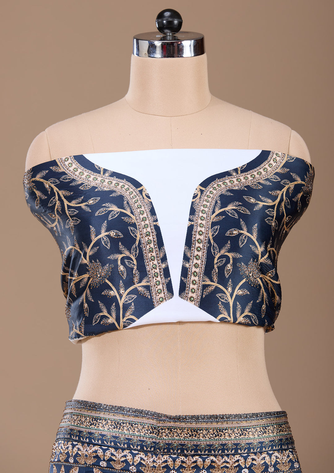 Navy Blue Swarovski Raw Silk Semi-Stitched Lehenga