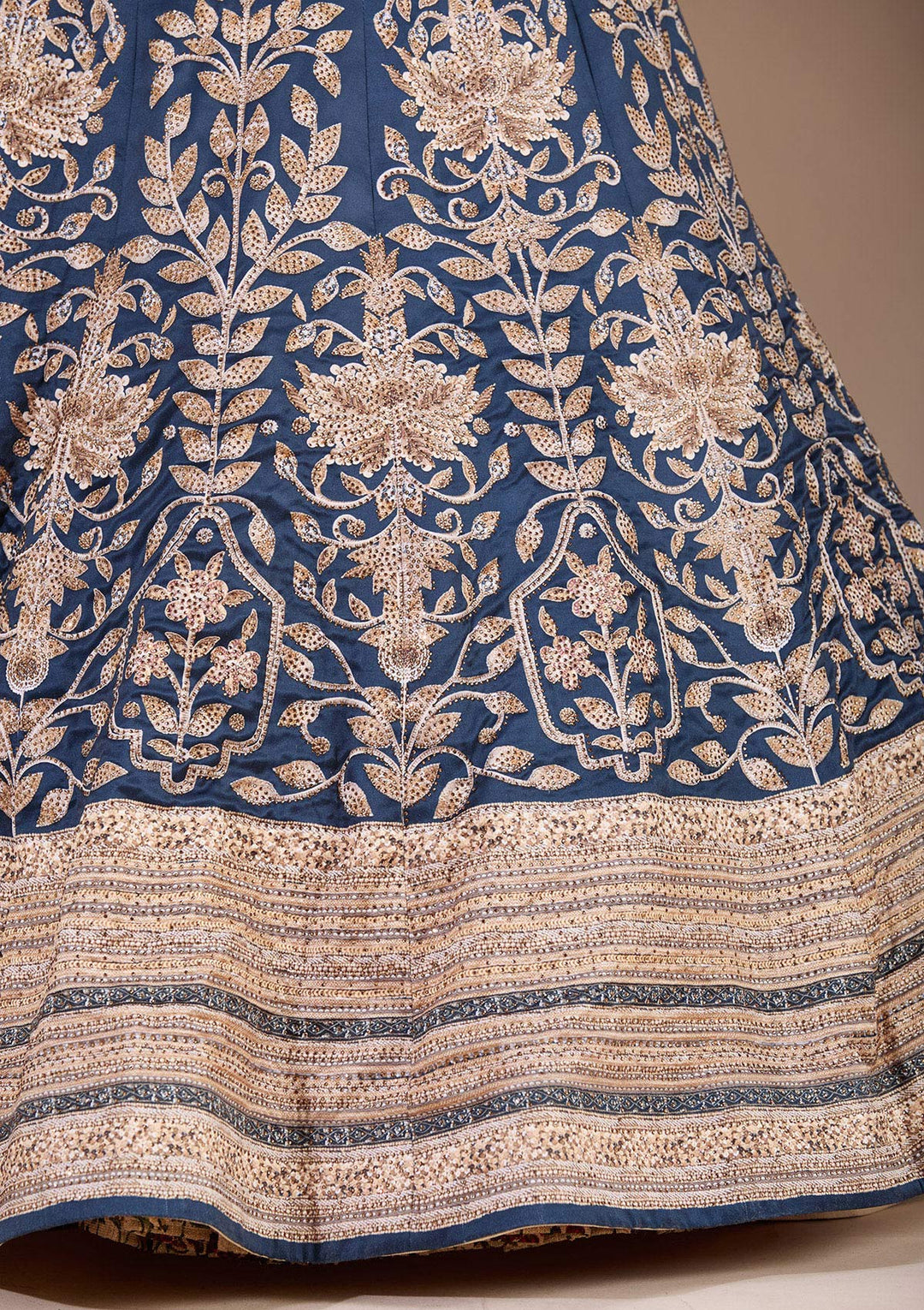 Navy Blue Swarovski Raw Silk Semi-Stitched Lehenga