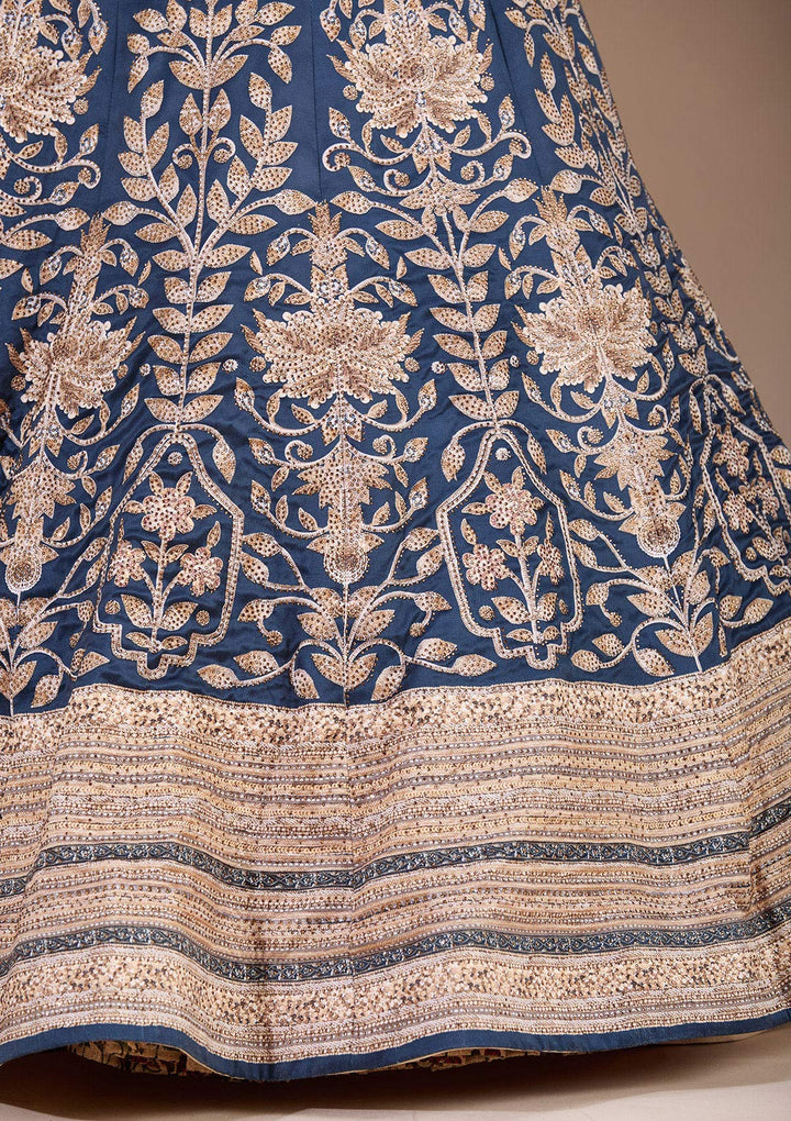 Navy Blue Swarovski Raw Silk Semi-Stitched Lehenga