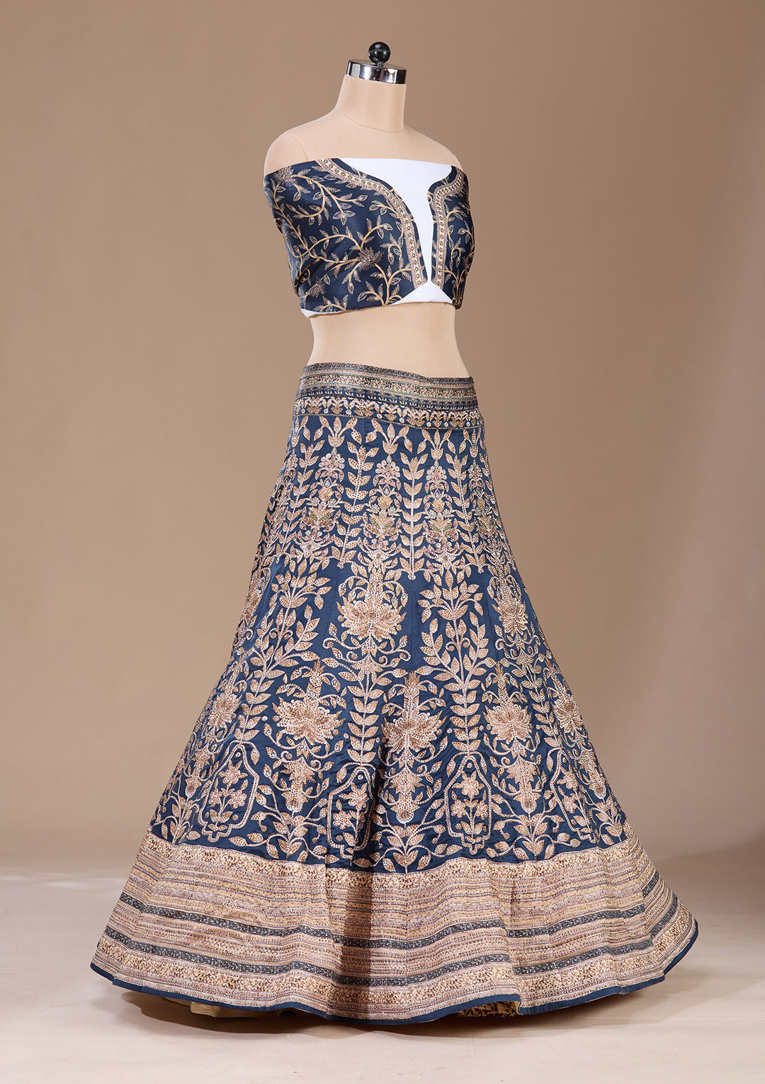 Navy Blue Swarovski Raw Silk Semi-Stitched Lehenga