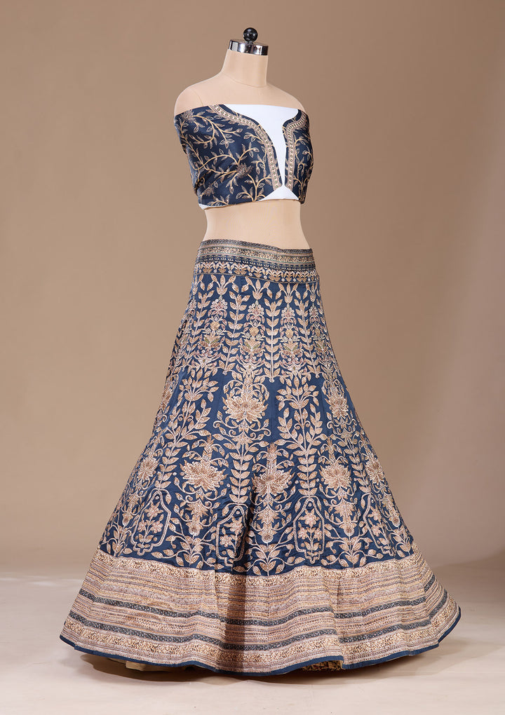Navy Blue Swarovski Raw Silk Semi-Stitched Lehenga