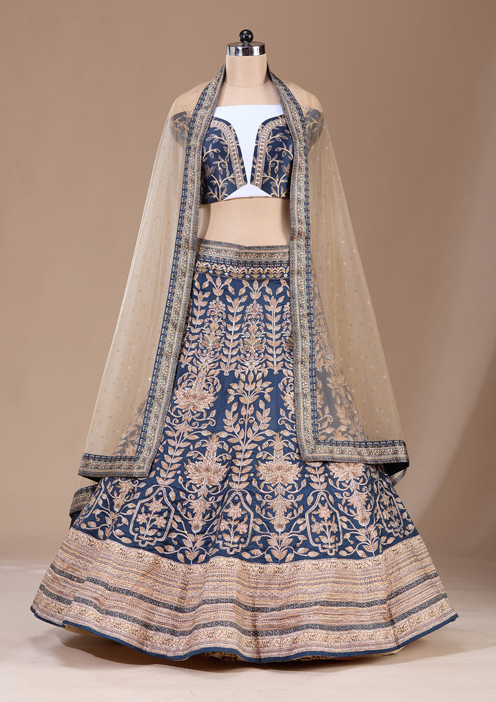 Navy Blue Swarovski Raw Silk Semi-Stitched Lehenga