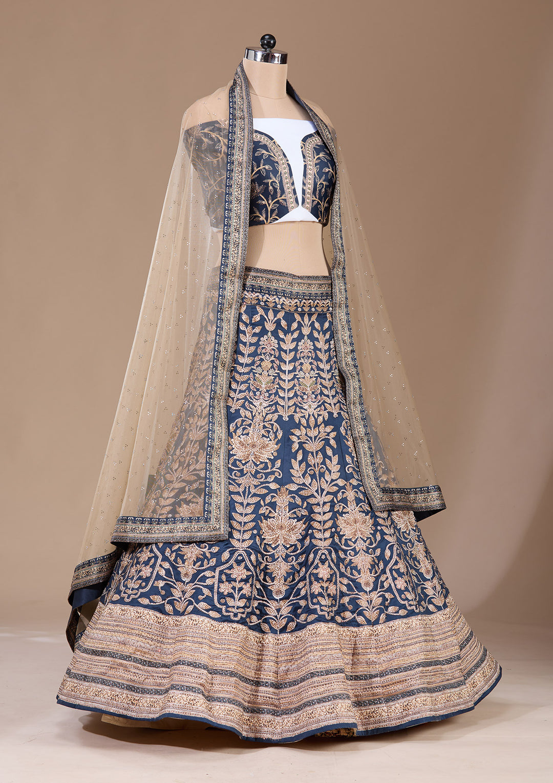 Navy Blue Swarovski Raw Silk Semi-Stitched Lehenga
