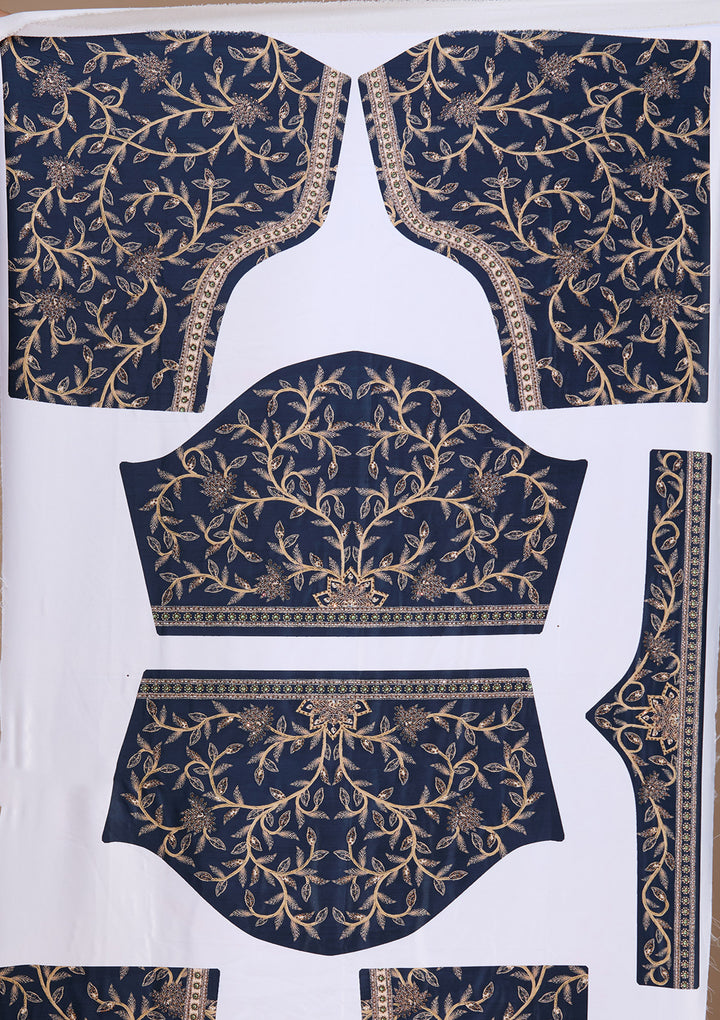 Navy Blue Swarovski Raw Silk Semi-Stitched Lehenga