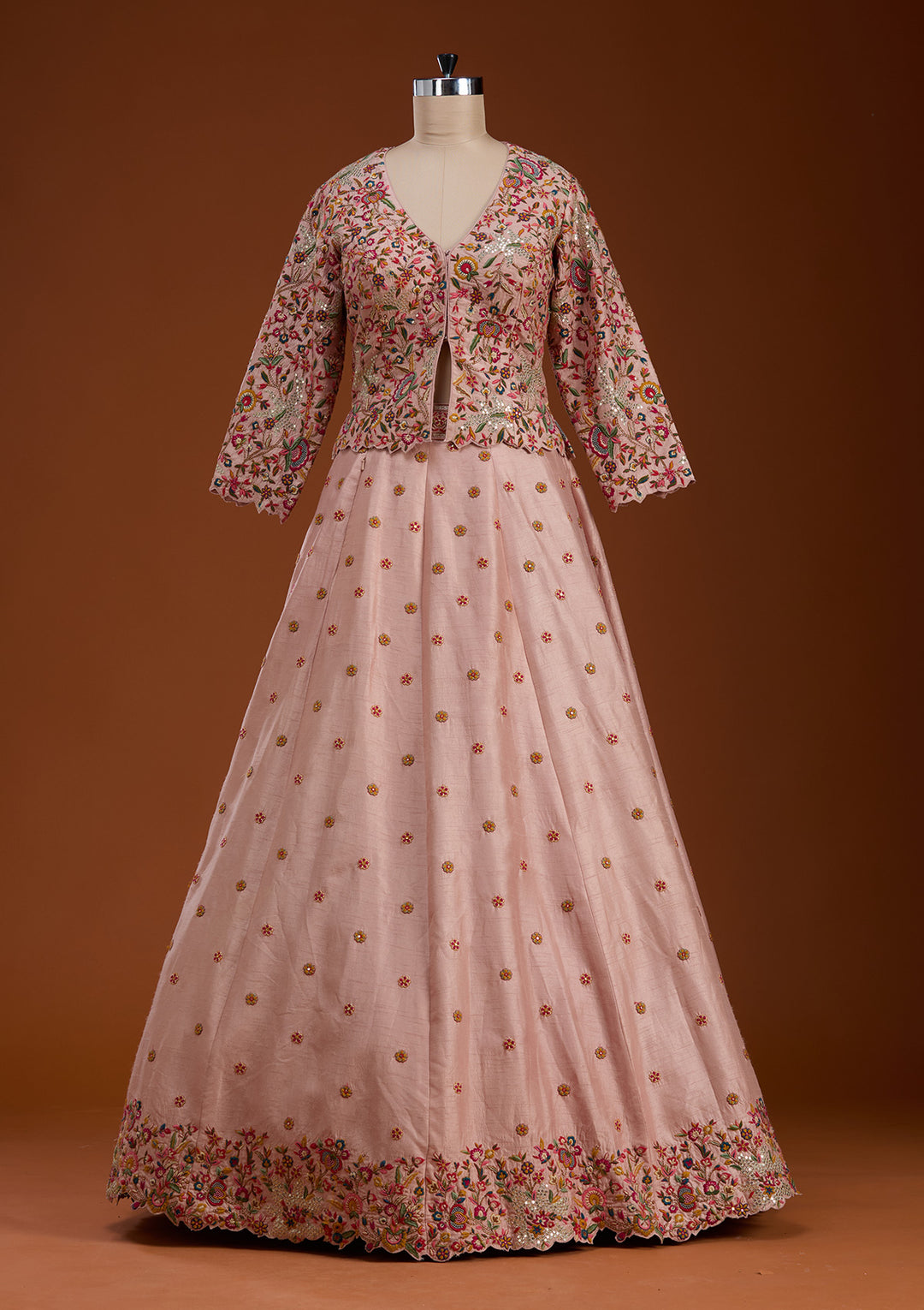 Baby Pink Sequins Raw Silk Readymade Lehenga
