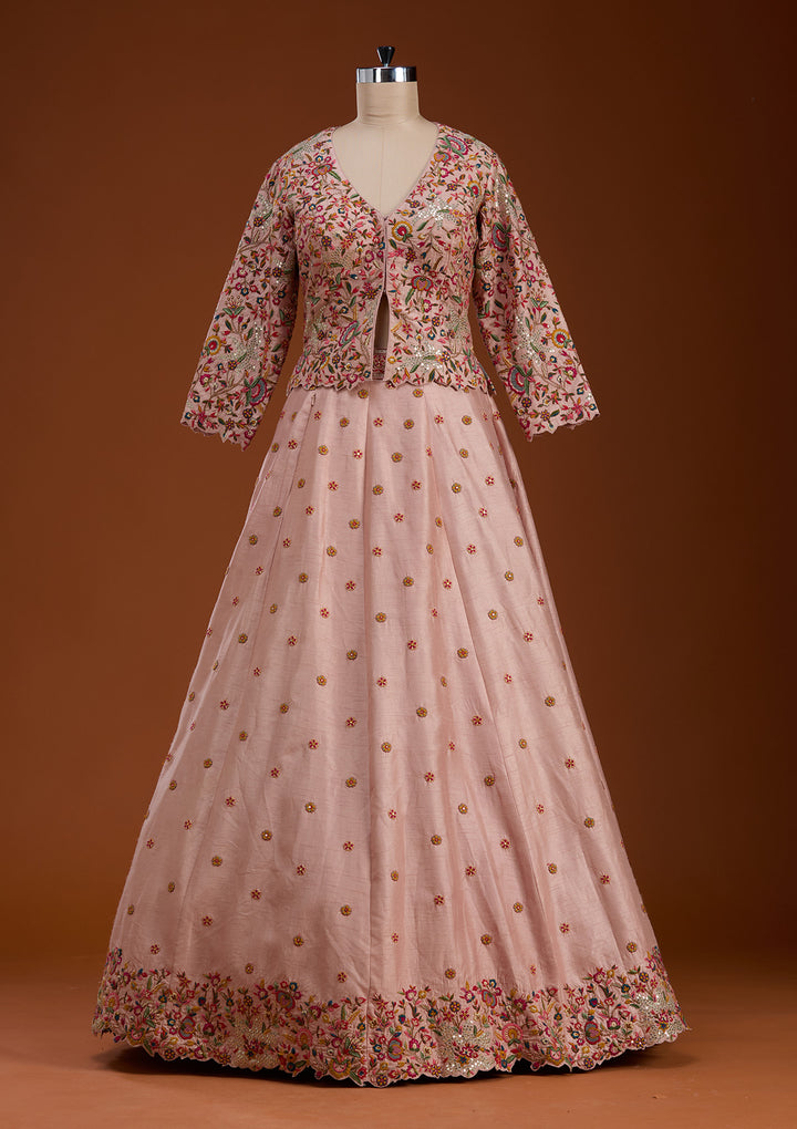Baby Pink Sequins Raw Silk Readymade Lehenga