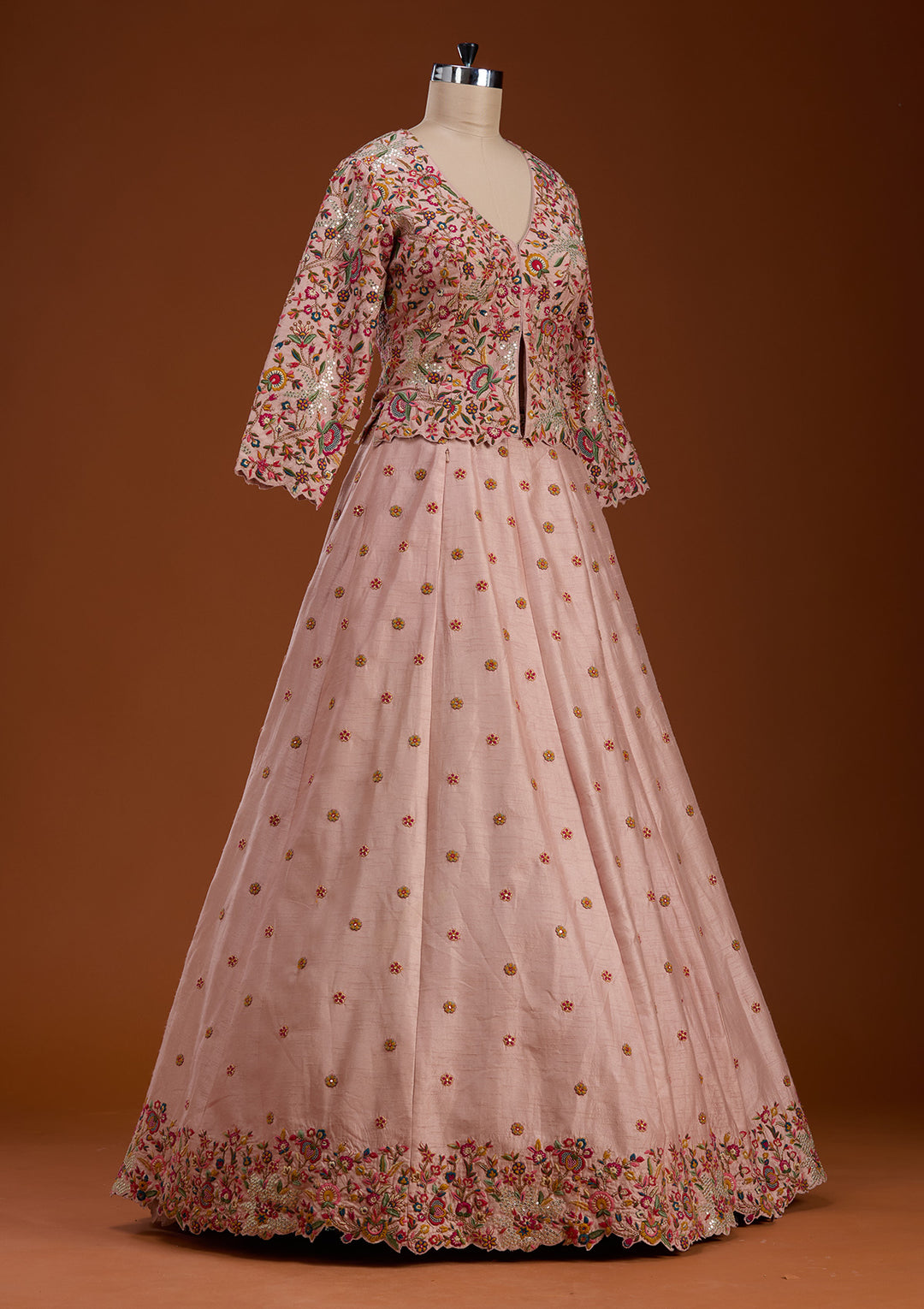 Baby Pink Sequins Raw Silk Readymade Lehenga