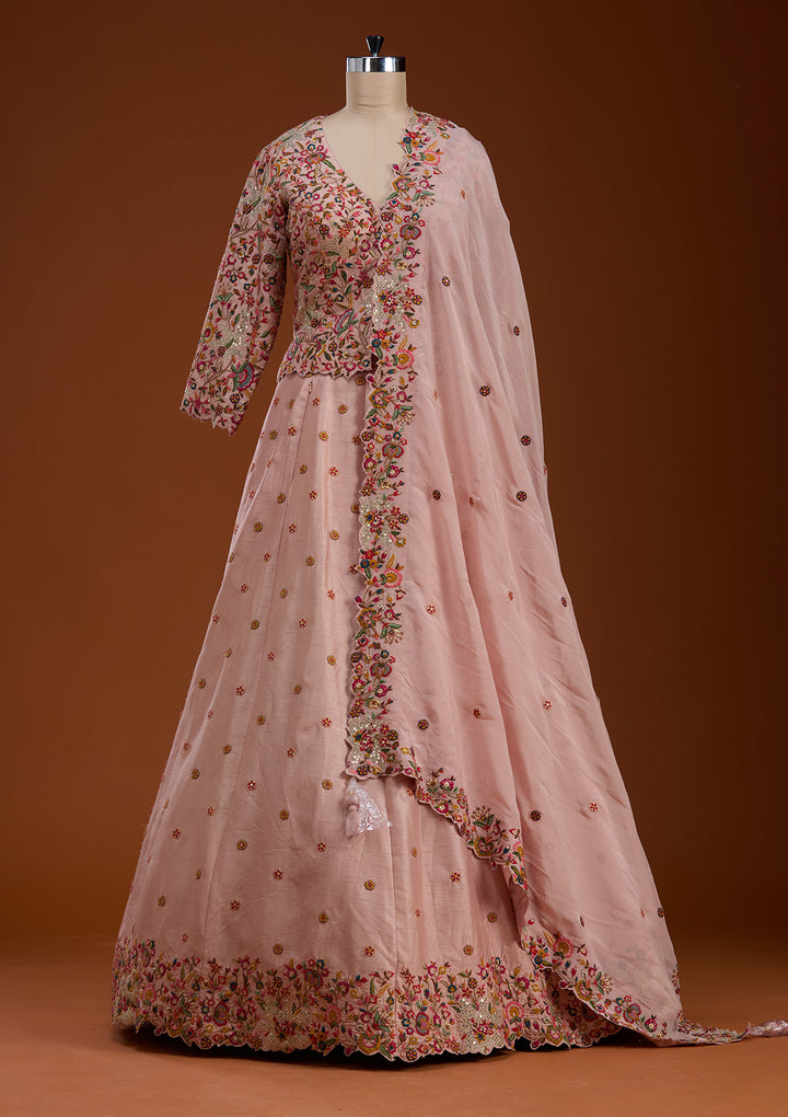 Baby Pink Sequins Raw Silk Readymade Lehenga