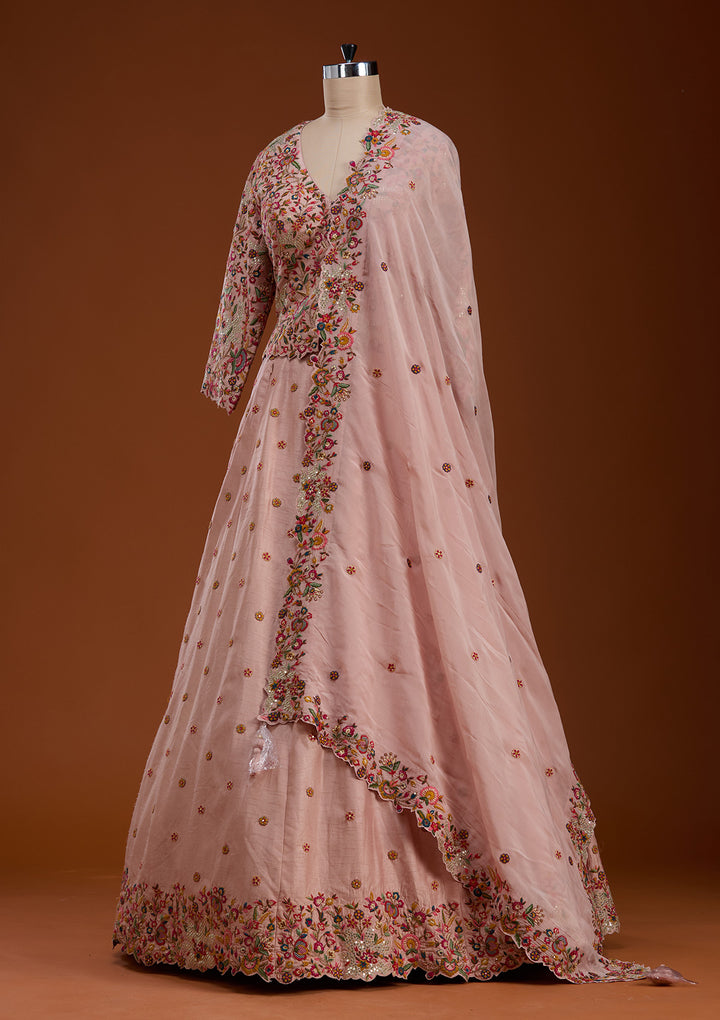 Baby Pink Sequins Raw Silk Readymade Lehenga
