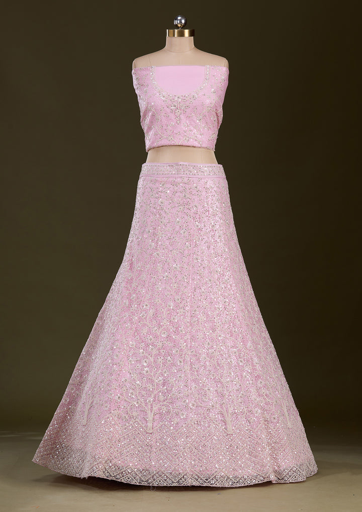 Pink Sequins Net Semi-Stitched Lehenga