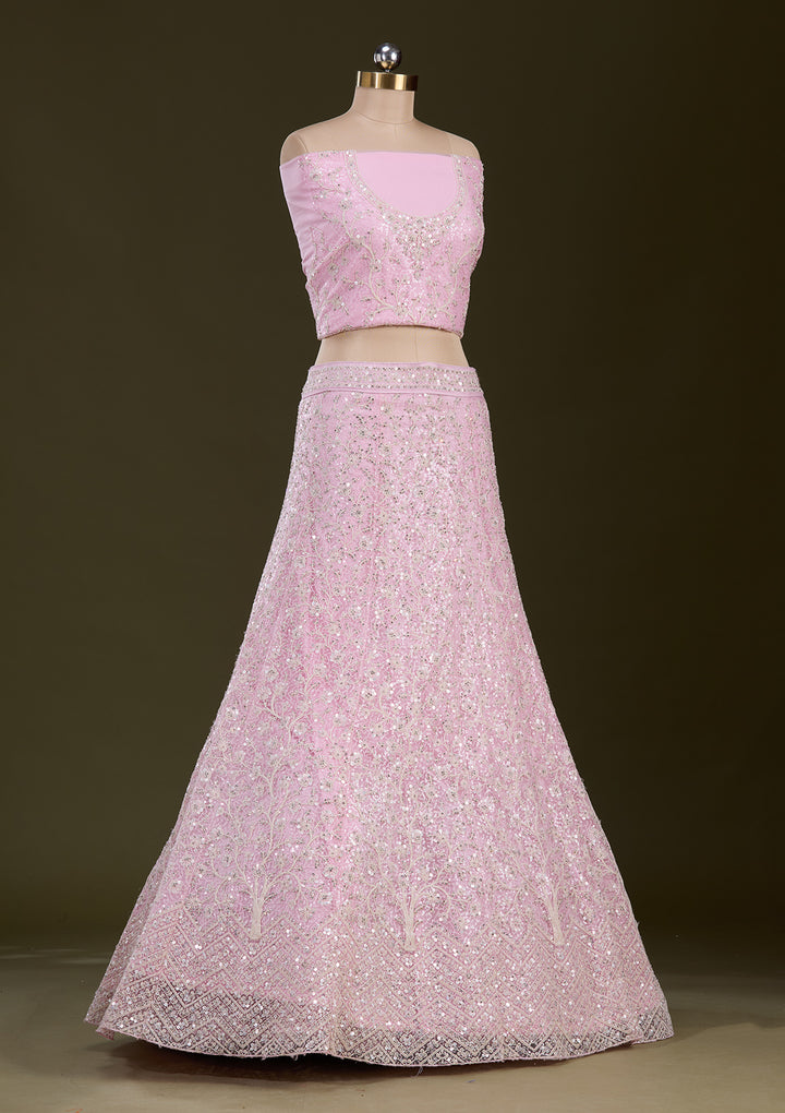 Pink Sequins Net Semi-Stitched Lehenga