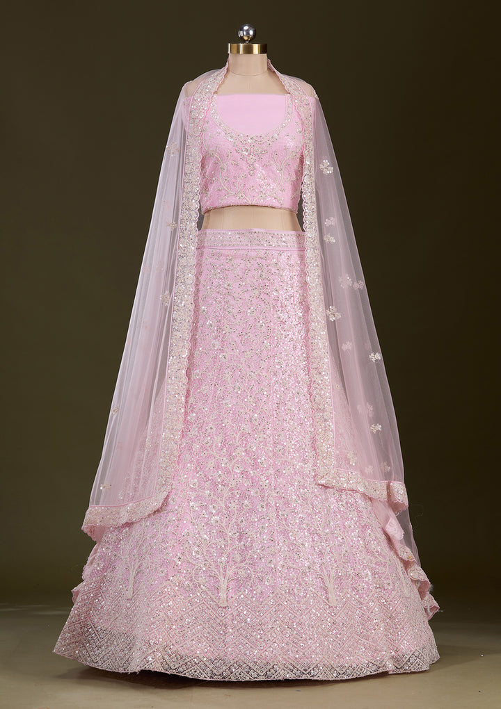 Pink Sequins Net Semi-Stitched Lehenga