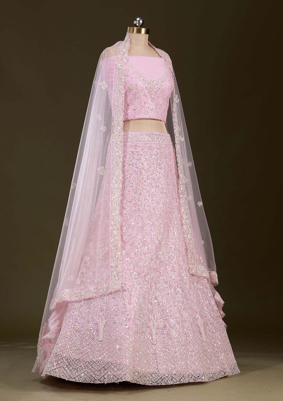 Pink Sequins Net Semi-Stitched Lehenga