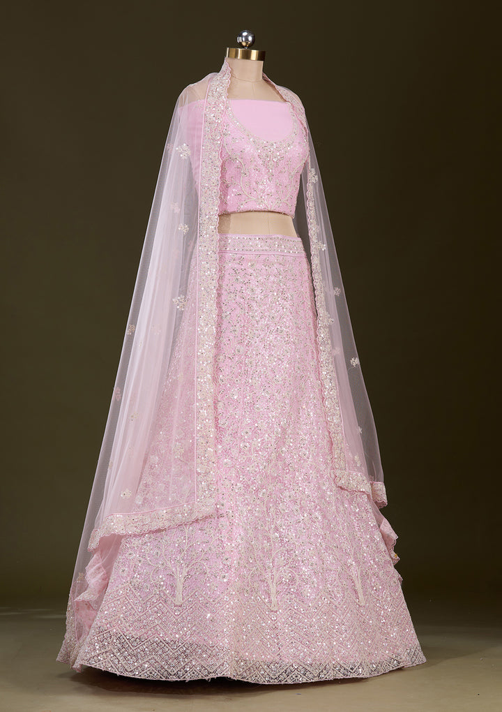 Pink Sequins Net Semi-Stitched Lehenga