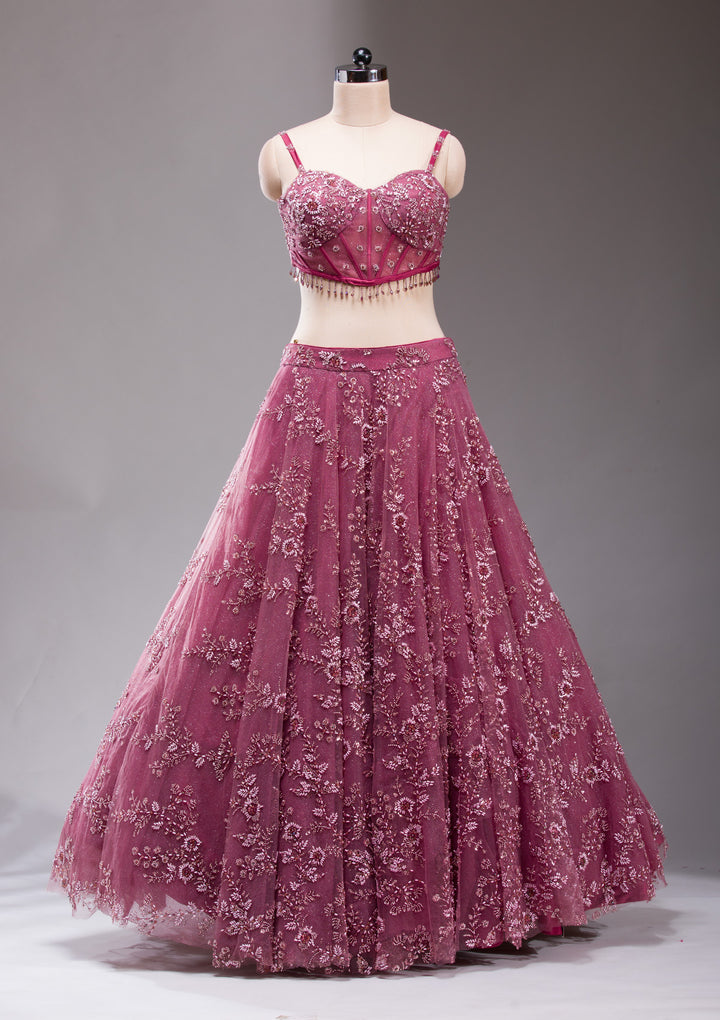 Mauve Pearlwork Net Readymade Lehenga