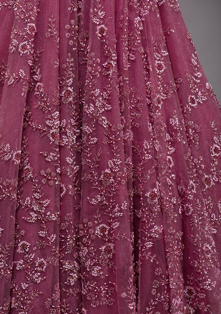Mauve Pearlwork Net Readymade Lehenga