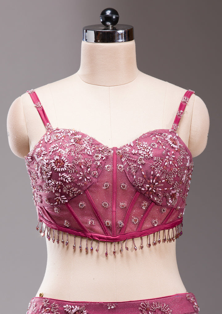 Mauve Pearlwork Net Readymade Lehenga