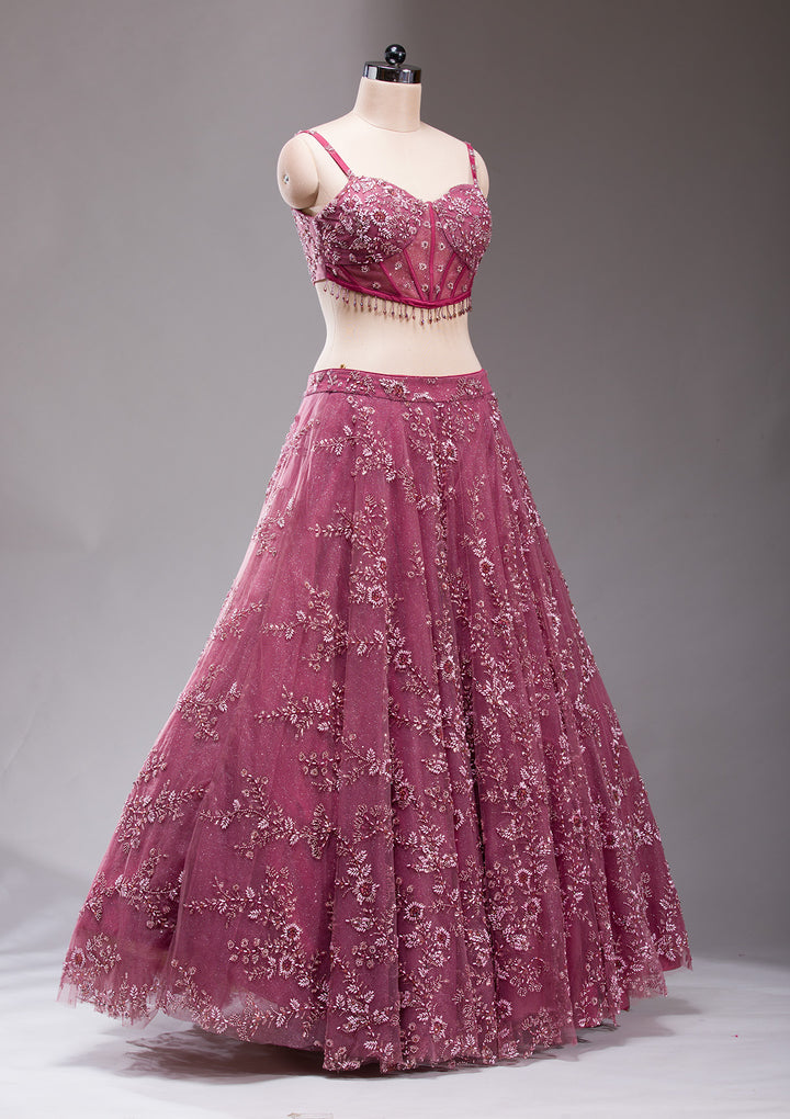 Mauve Pearlwork Net Readymade Lehenga