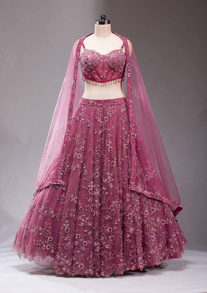 Mauve Pearlwork Net Readymade Lehenga