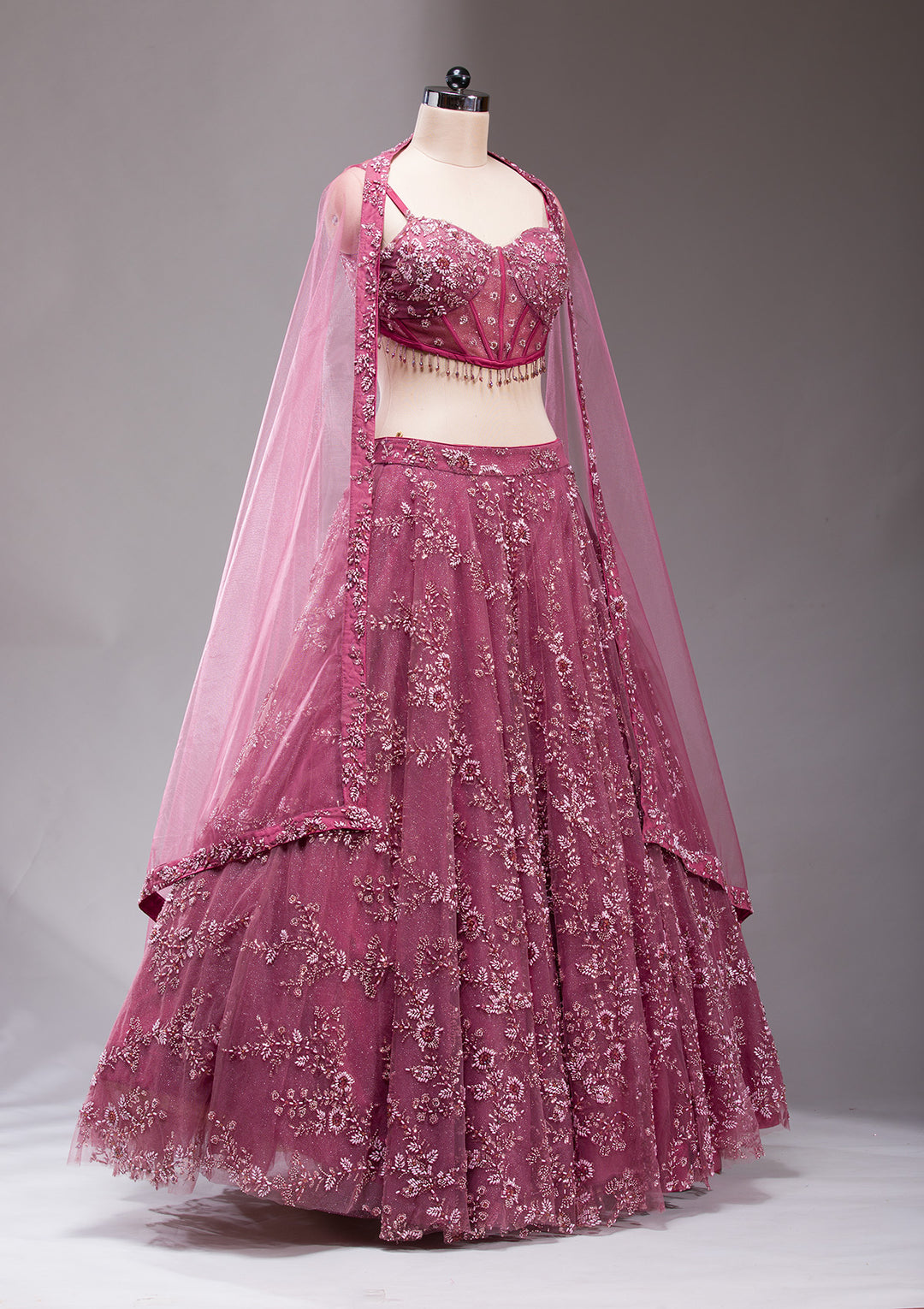 Mauve Pearlwork Net Readymade Lehenga