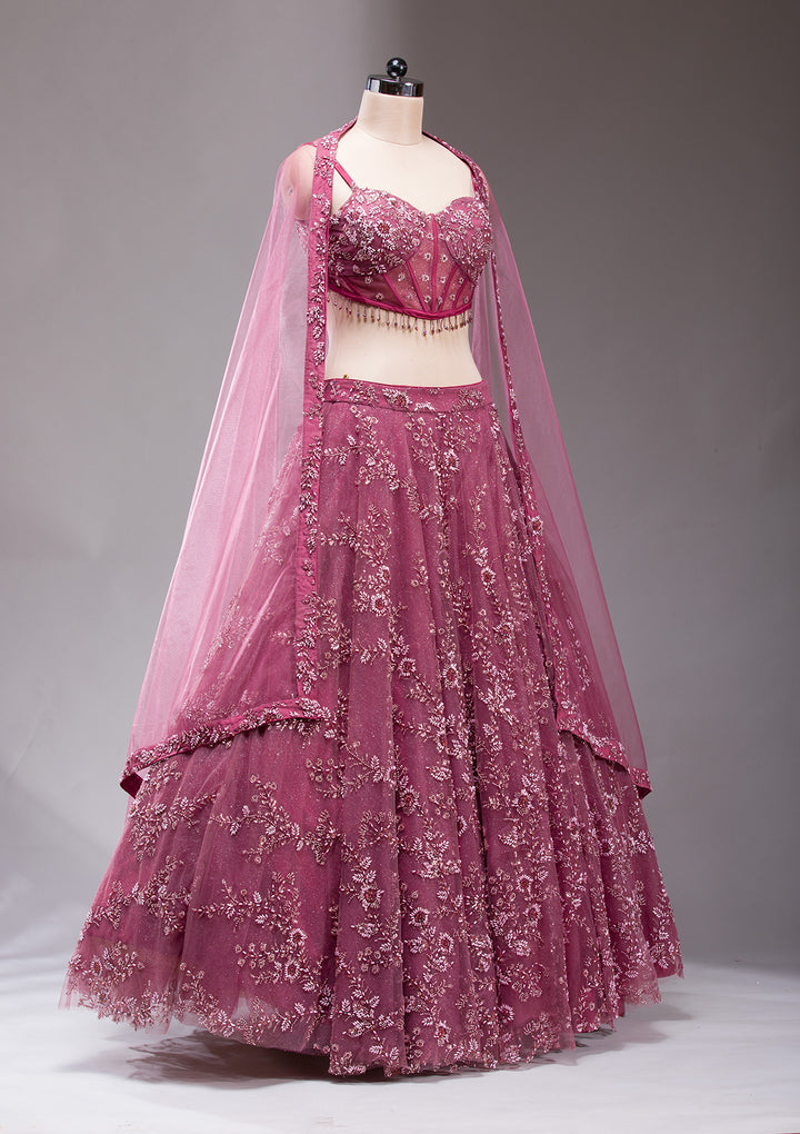 Mauve Pearlwork Net Readymade Lehenga