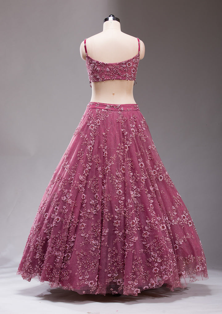 Mauve Pearlwork Net Readymade Lehenga