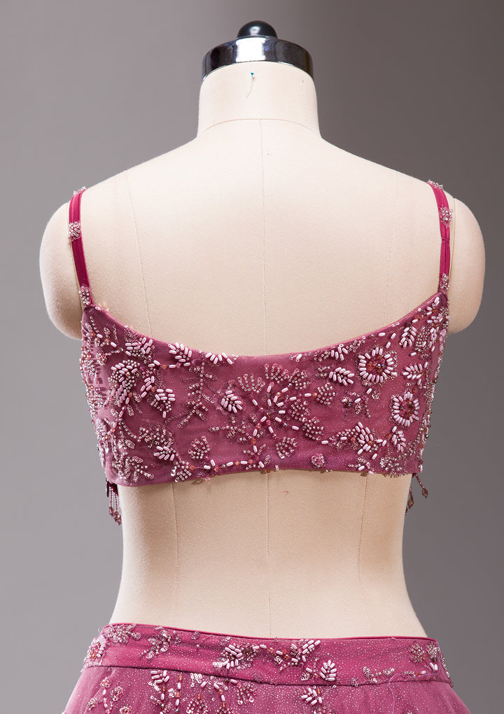 Mauve Pearlwork Net Readymade Lehenga