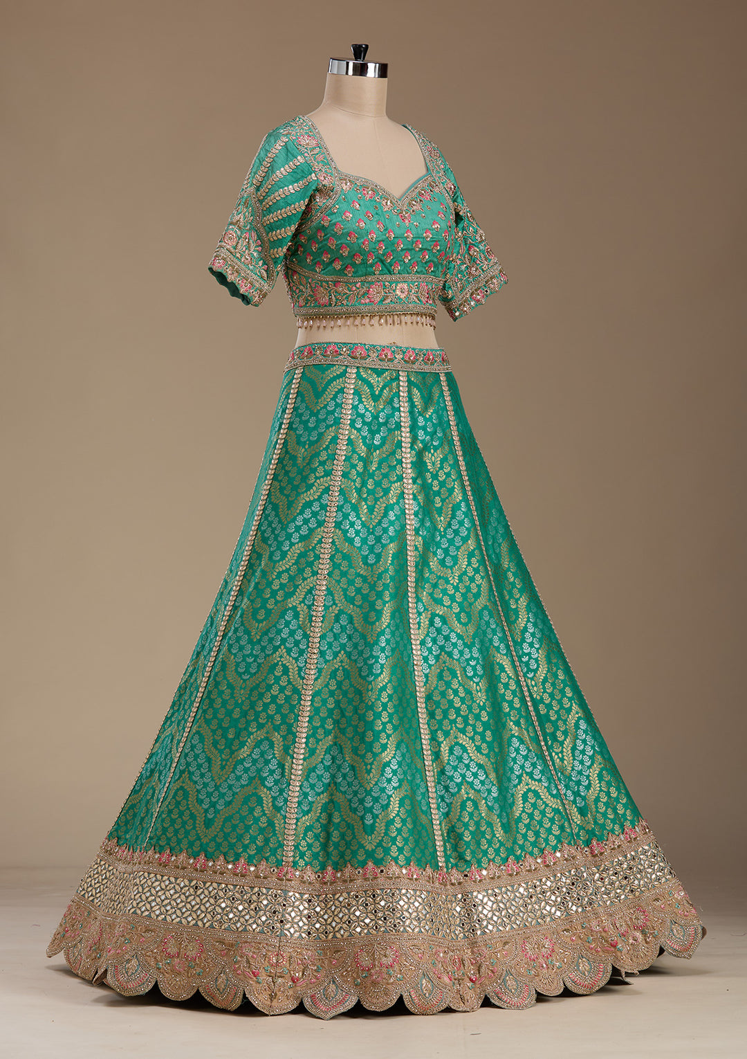 Sea Green Zariwork Banarasi Readymade Lehenga