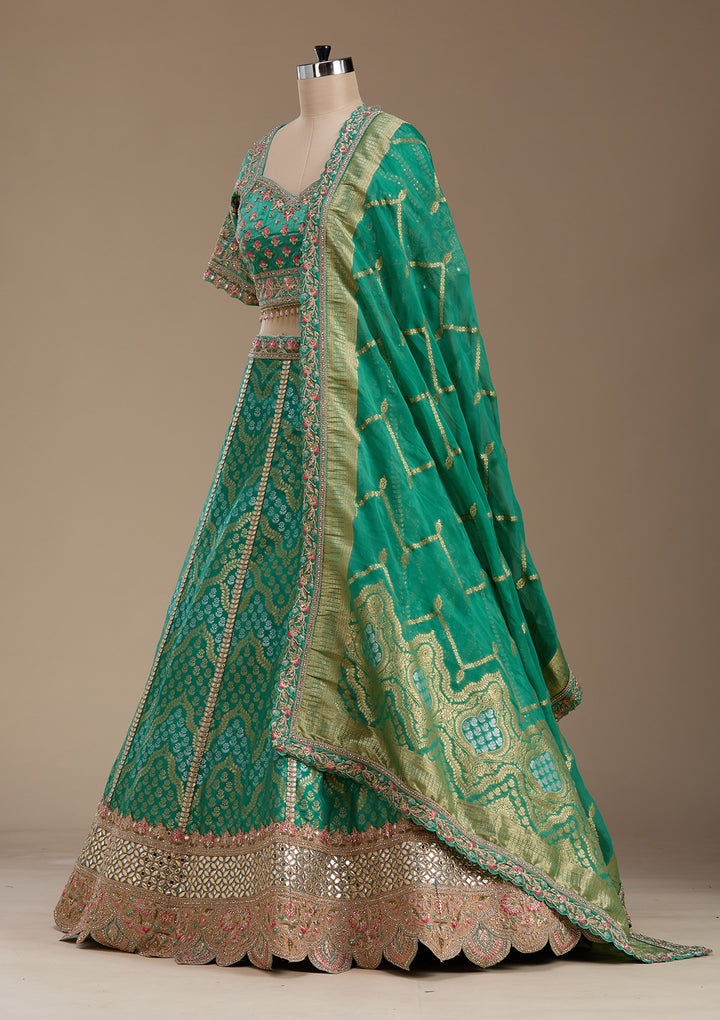 Sea Green Zariwork Banarasi Readymade Lehenga