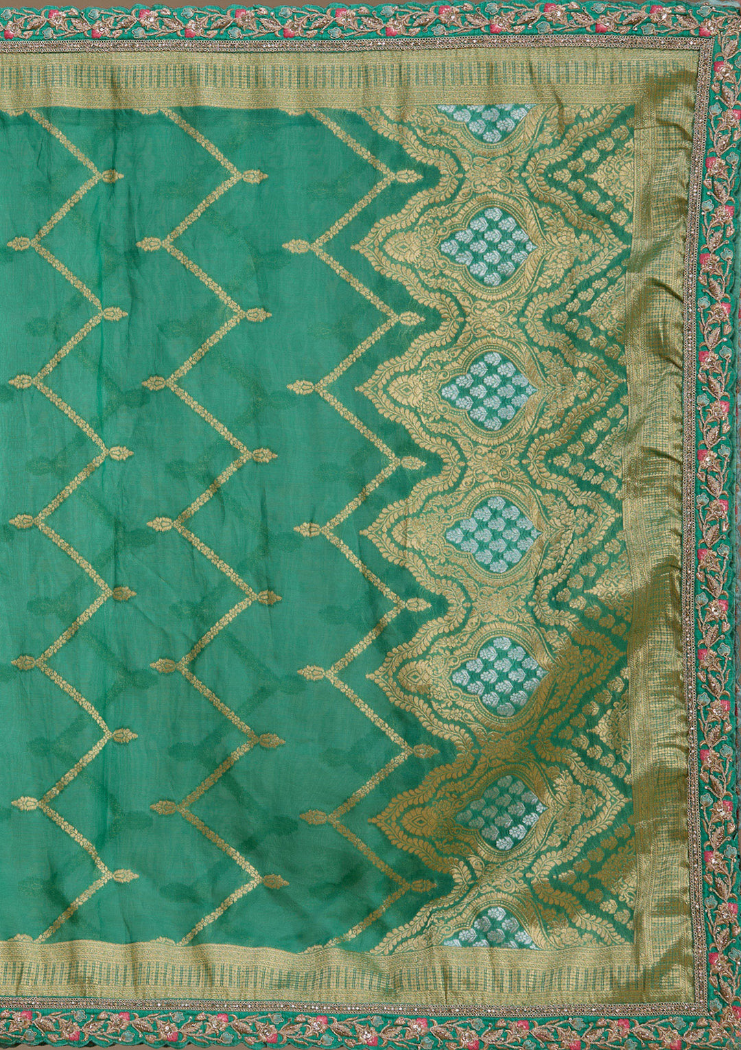 Sea Green Zariwork Banarasi Readymade Lehenga