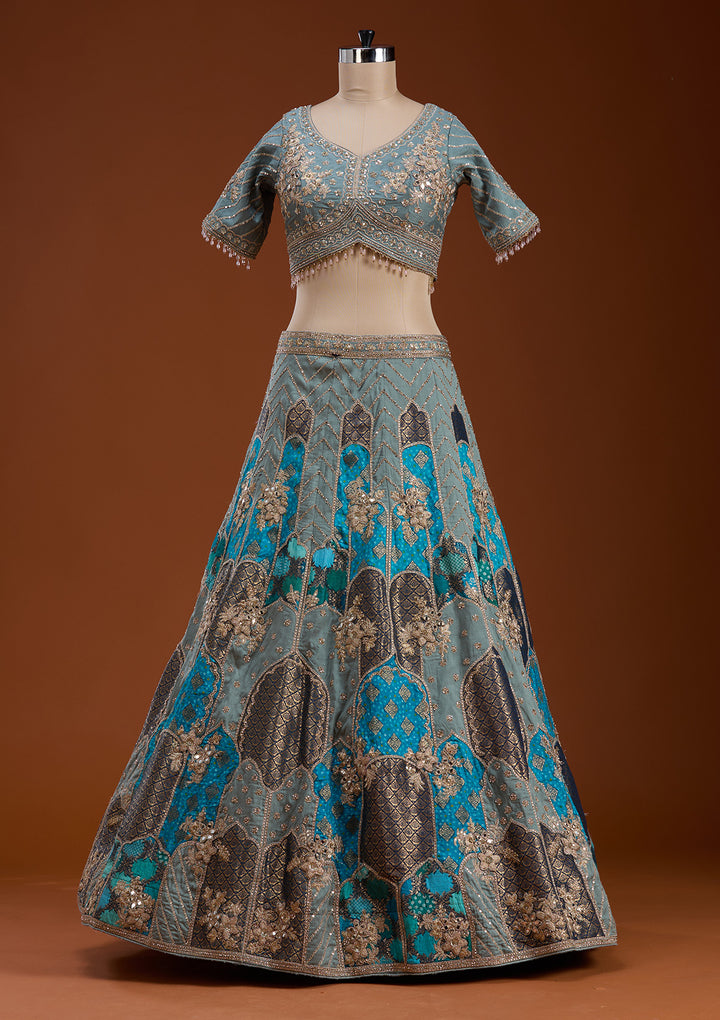 Turquoise Blue Zariwork Banarasi Readymade Lehenga