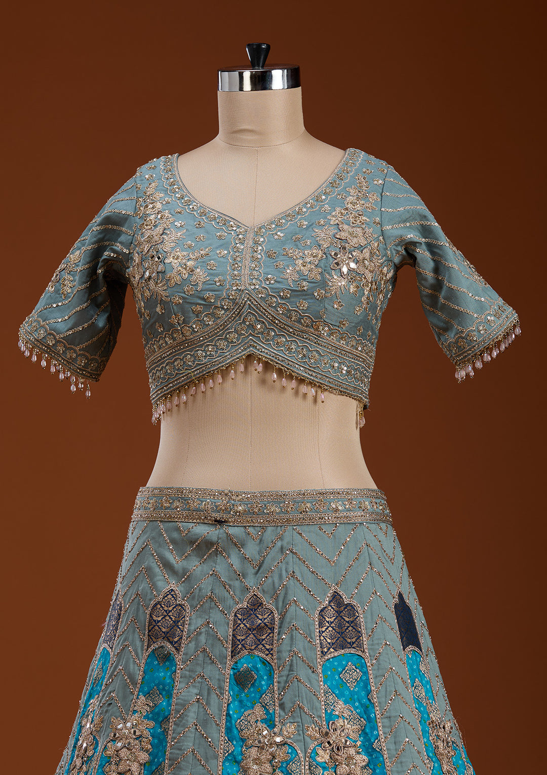 Turquoise Blue Zariwork Banarasi Readymade Lehenga