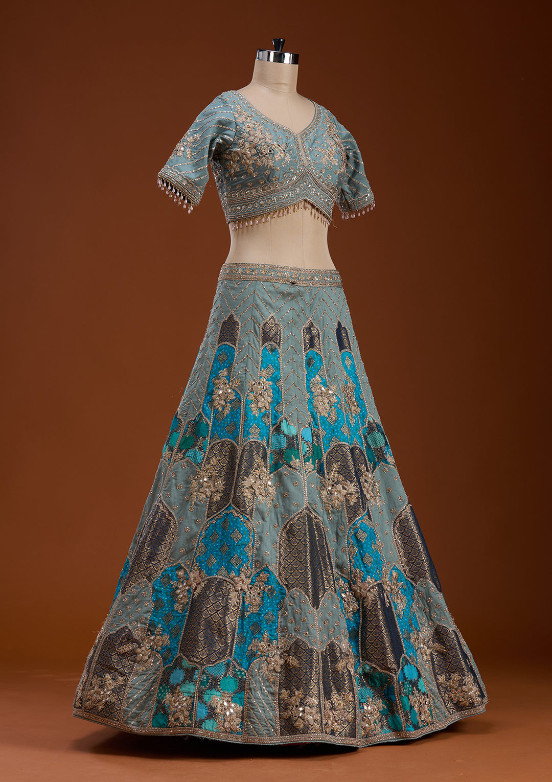 Turquoise Blue Zariwork Banarasi Readymade Lehenga