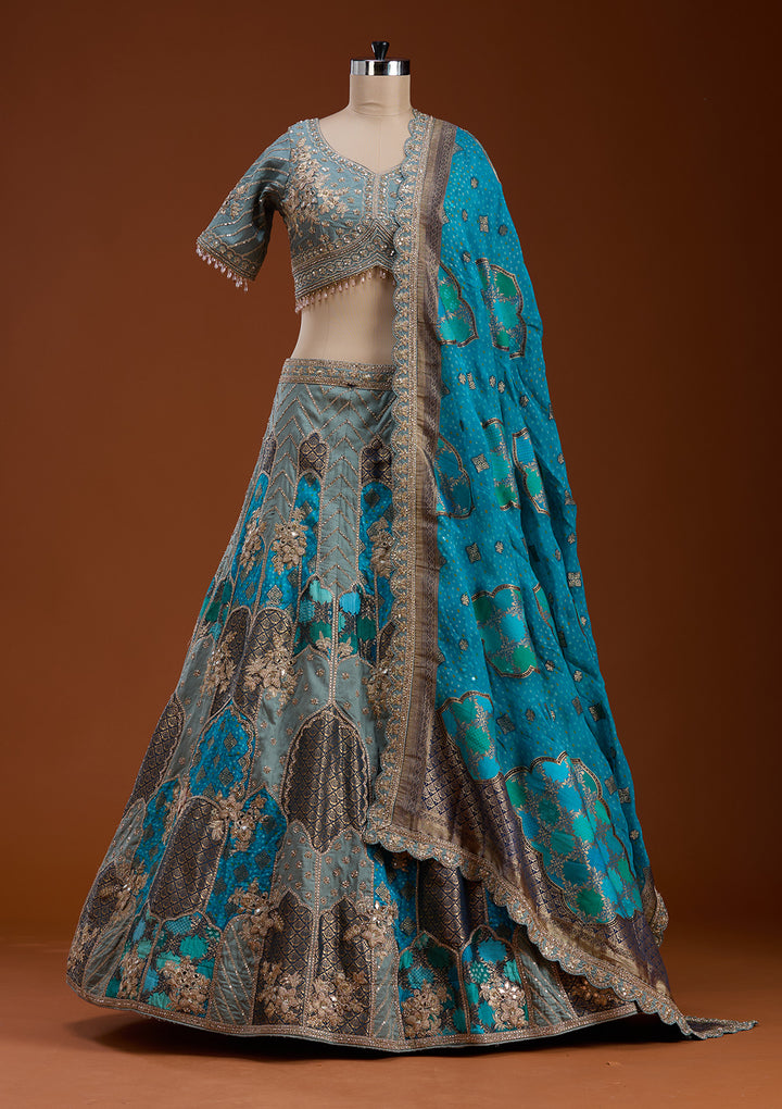Turquoise Blue Zariwork Banarasi Readymade Lehenga